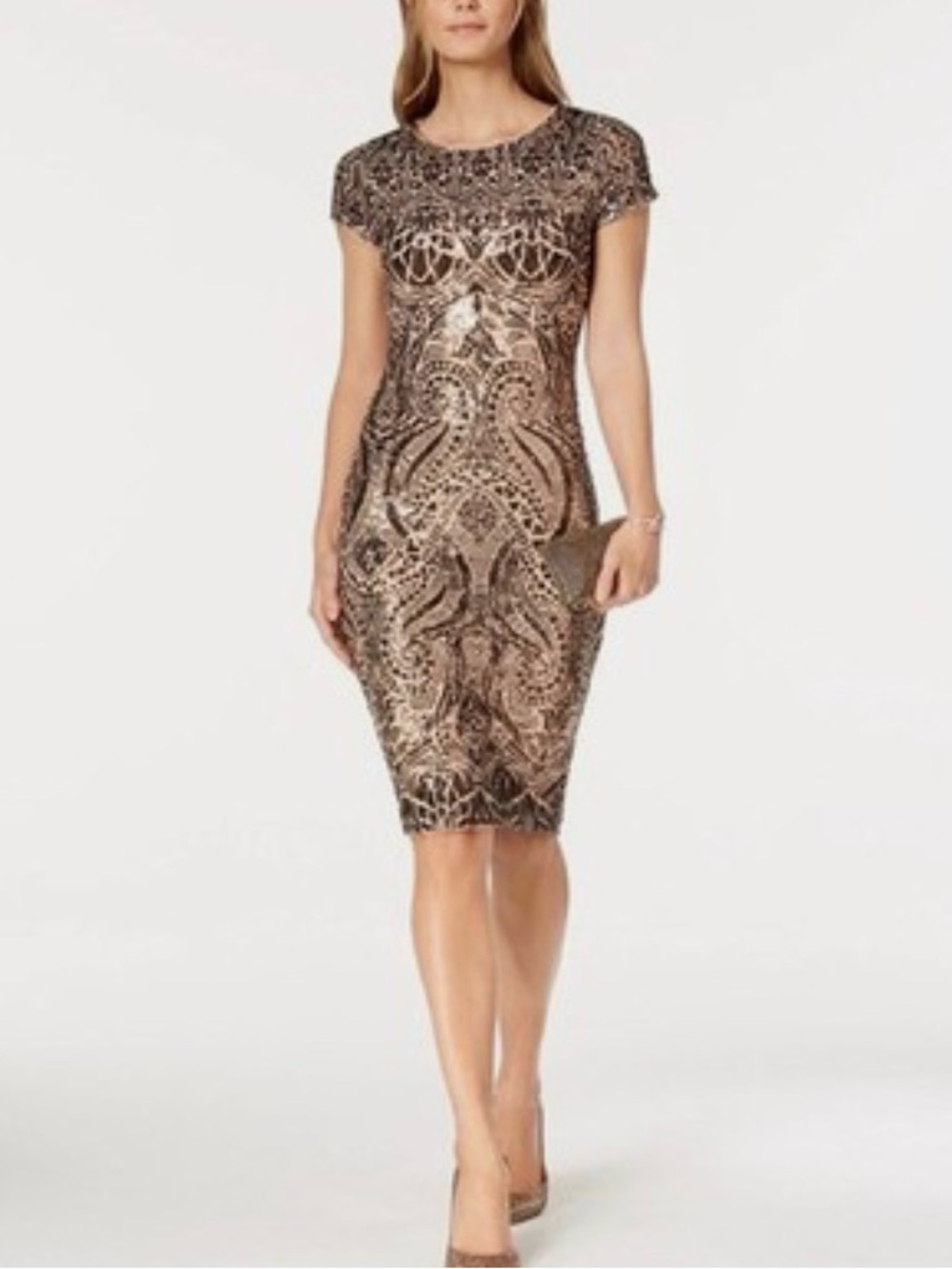 Betsy & Adam Bronze Sequin Sheath Midi Dress
